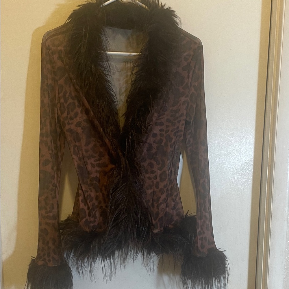 Long sleeve mesh top fur trimmed